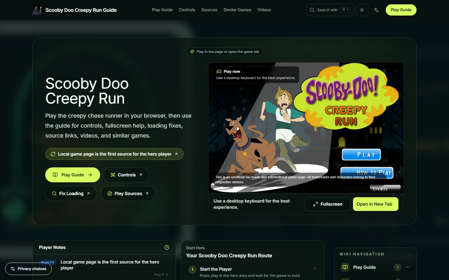 Local Scooby Doo Creepy Run player showing the loaded title screen and player controls