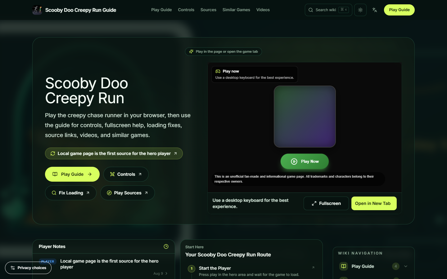 本地 Scooby Doo Creepy Run 播放器及全屏和新标签页恢复按钮